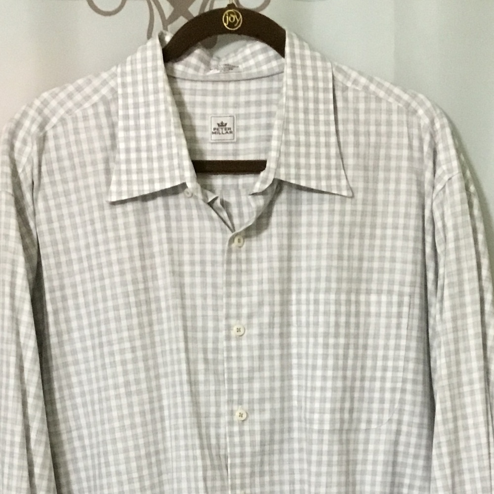 Peter Millar Button Down Men’s Dress Shirt~Size XXL~Gray & White Plaid